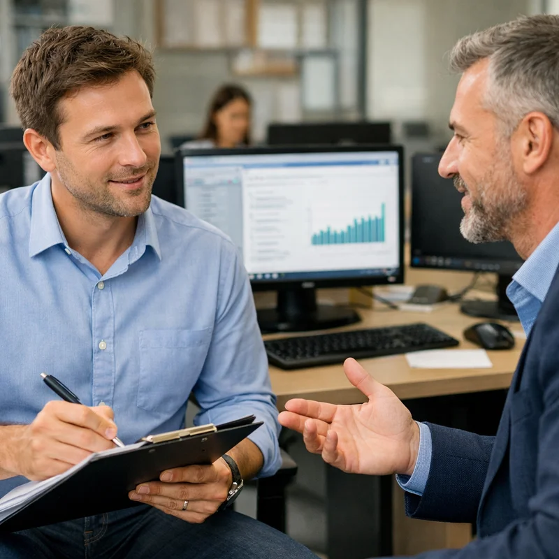 Spotkanie briefowe - konsultant omawia projekt strony internetowej z klientem, w tle wykresy i dane analityczne